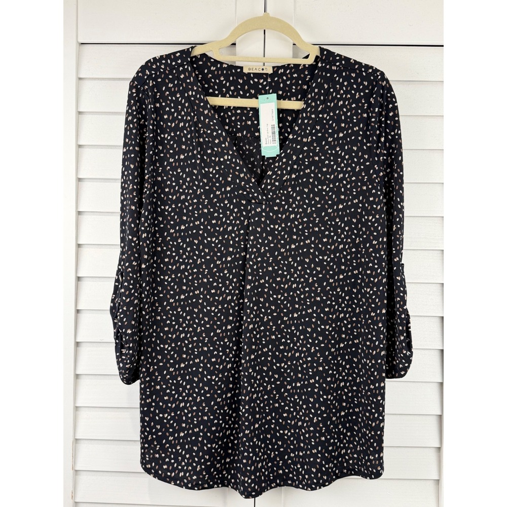 Beacon Patty Roll Tab Knit Top XL Navy Abstract Dot Print V-Neck NEW